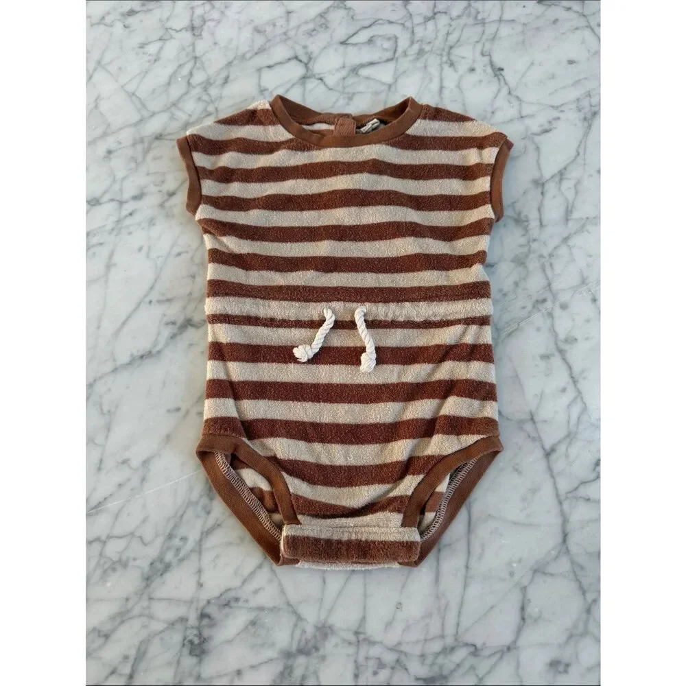 Quincy Mae Sz 6-12 Mo One-Piece Striped Terry Romper Rylee Cru Brown and Cream